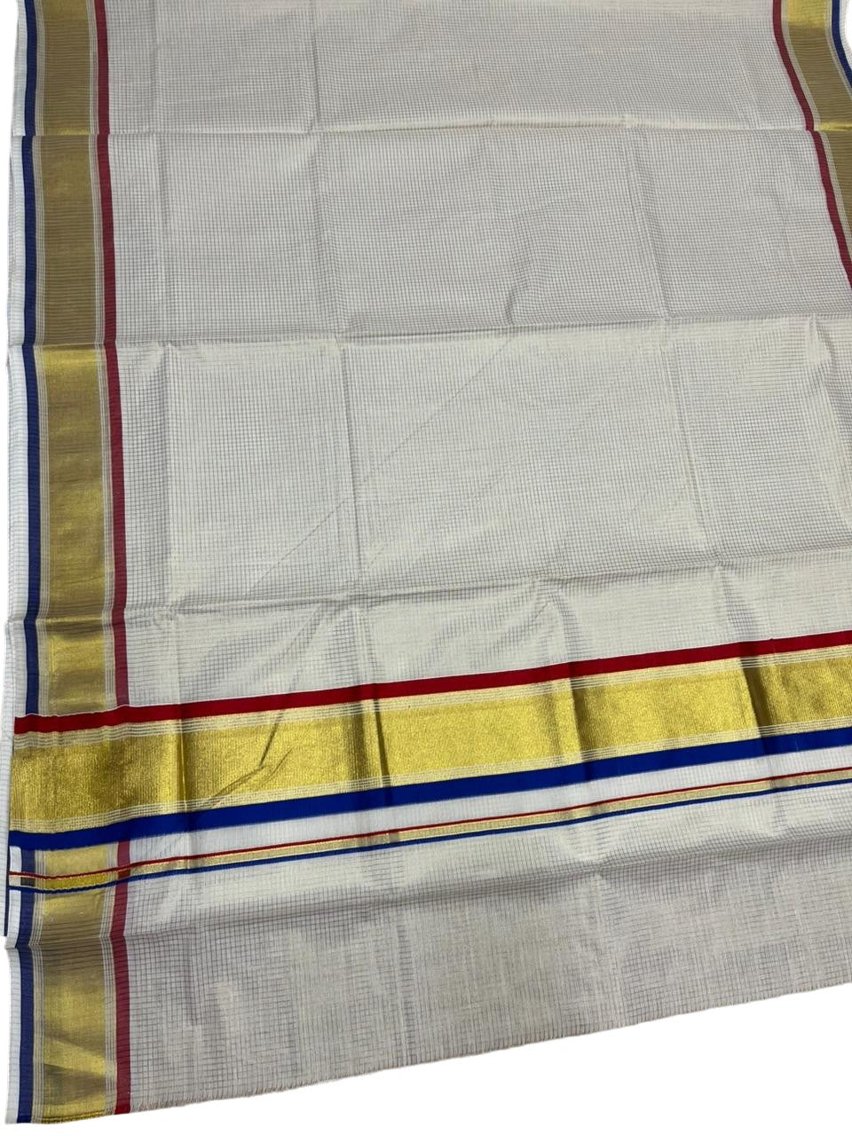 Southloom Kerala Cotton Kasavu Saree with Micro Check on Body in Red And Blue Border SL447