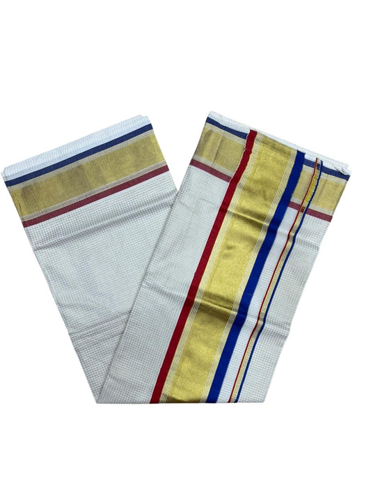 Southloom Kerala Cotton Kasavu Saree with Micro Check on Body in Red And Blue Border SL450