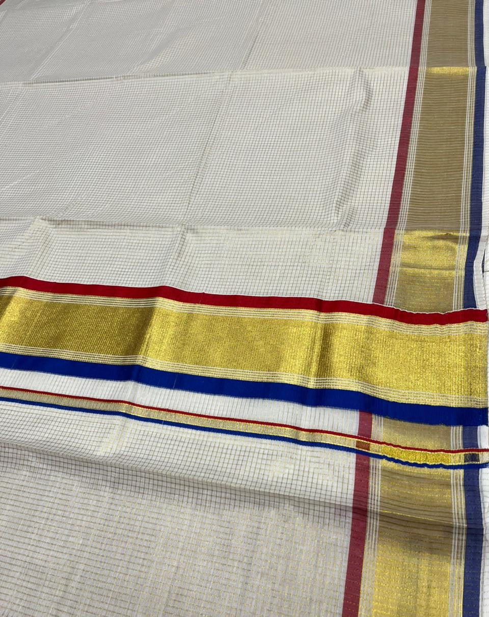 Southloom Kerala Cotton Kasavu Saree with Micro Check on Body in Red And Blue Border SL447