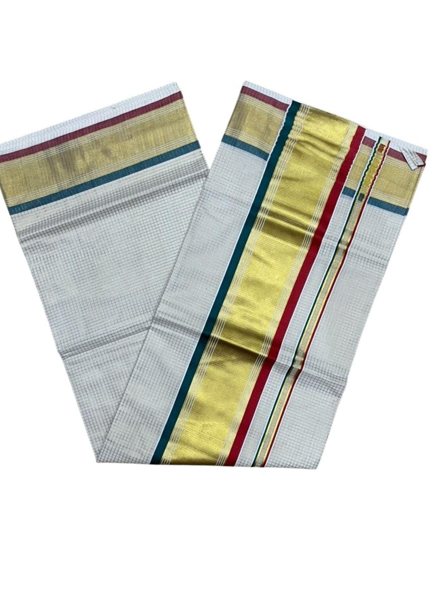 Southloom Kerala Cotton Kasavu Saree with Micro Check on Body in Red And Peacock Blue Border SL447