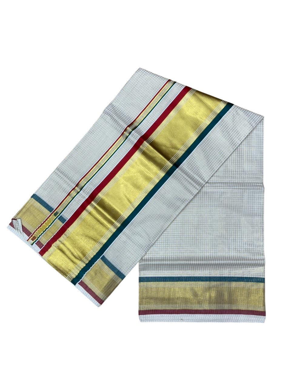 Southloom Kerala Cotton Kasavu Saree with Micro Check on Body in Red And Peacock Blue Border SL447