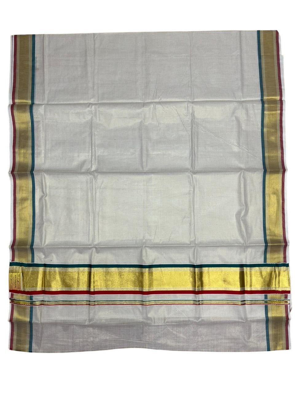 Southloom Kerala Cotton Kasavu Saree with Micro Check on Body in Red And Peacock Blue Border SL447