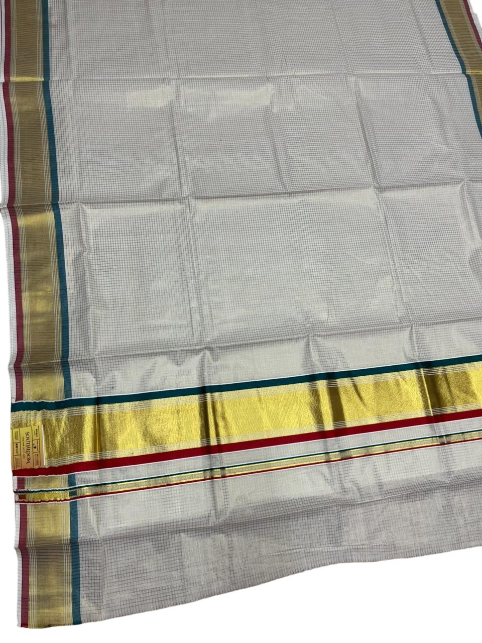 Southloom Kerala Cotton Kasavu Saree with Micro Check on Body in Red And Peacock Blue Border SL447