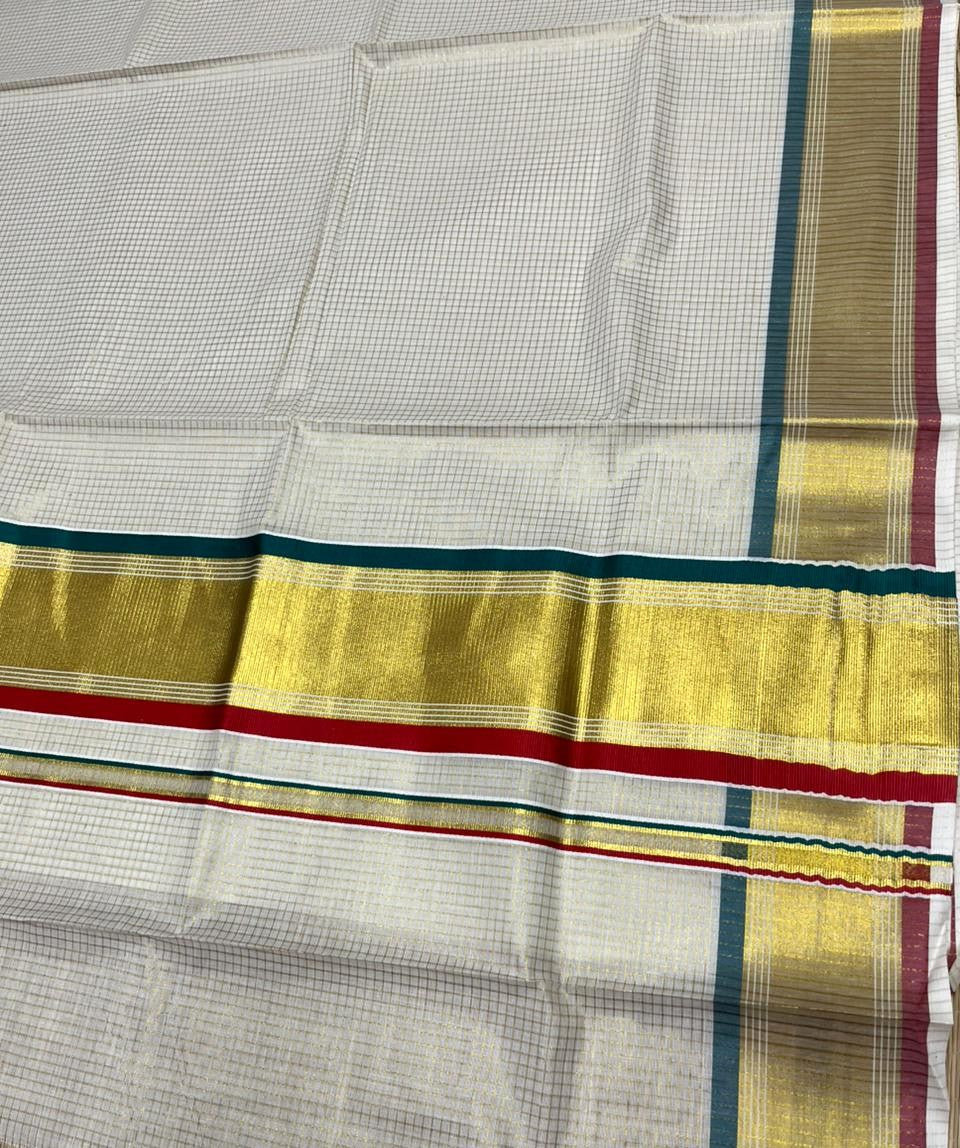 Southloom Kerala Cotton Kasavu Saree with Micro Check on Body in Red And Peacock Blue Border SL447