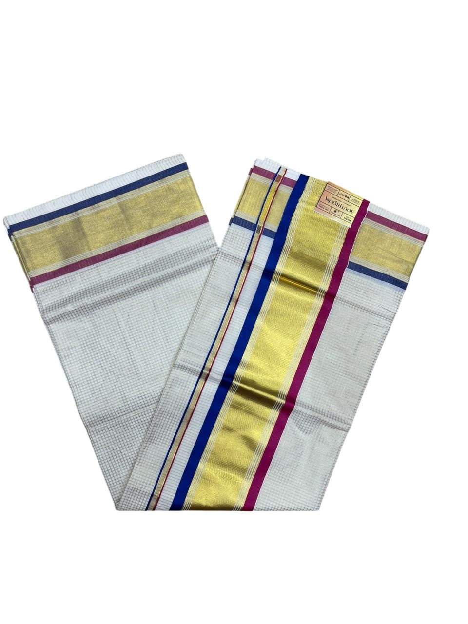 Southloom Kerala Cotton Kasavu Saree with Micro Check Design on Body in Magenta And Blue Border SL447