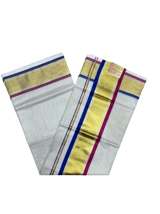 Southloom Kerala Cotton Kasavu Saree with Micro Check Design on Body in Magenta And Blue Border SL450