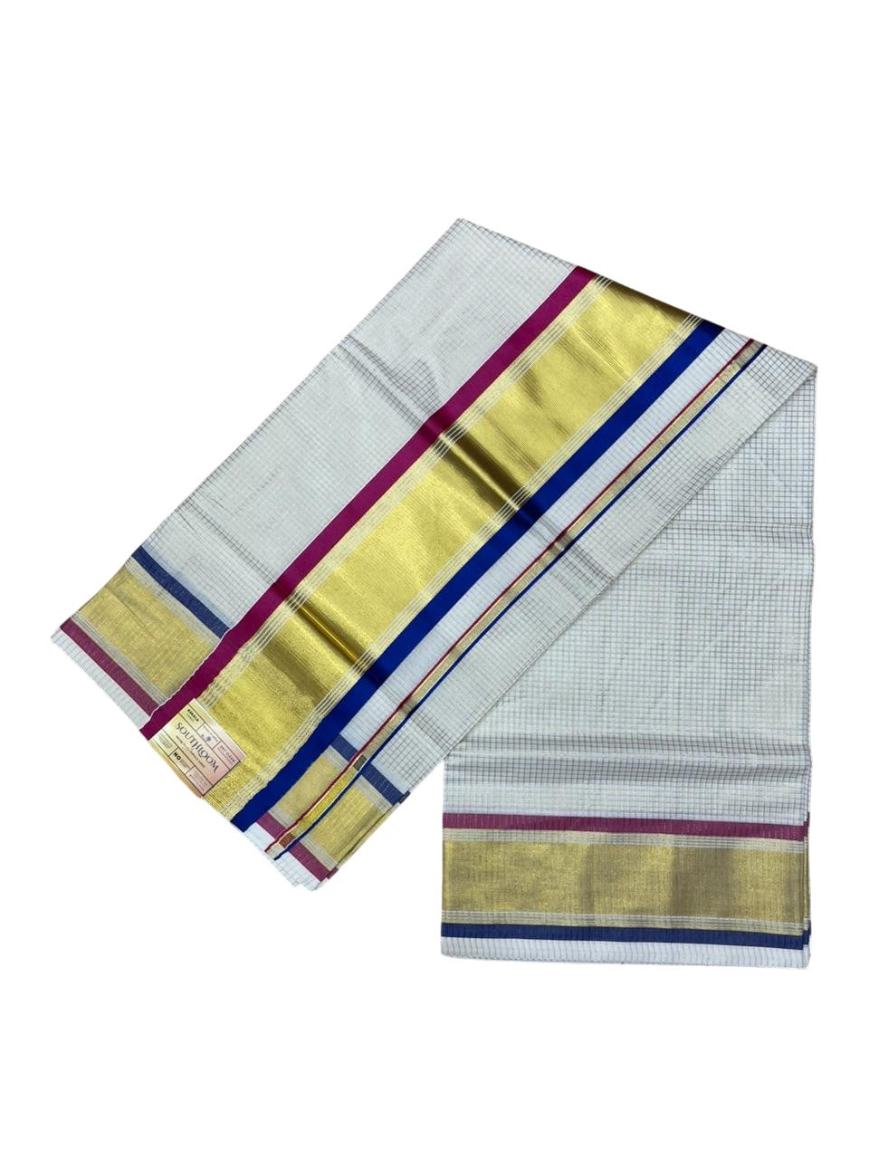 Southloom Kerala Cotton Kasavu Saree with Micro Check Design on Body in Magenta And Blue Border SL447