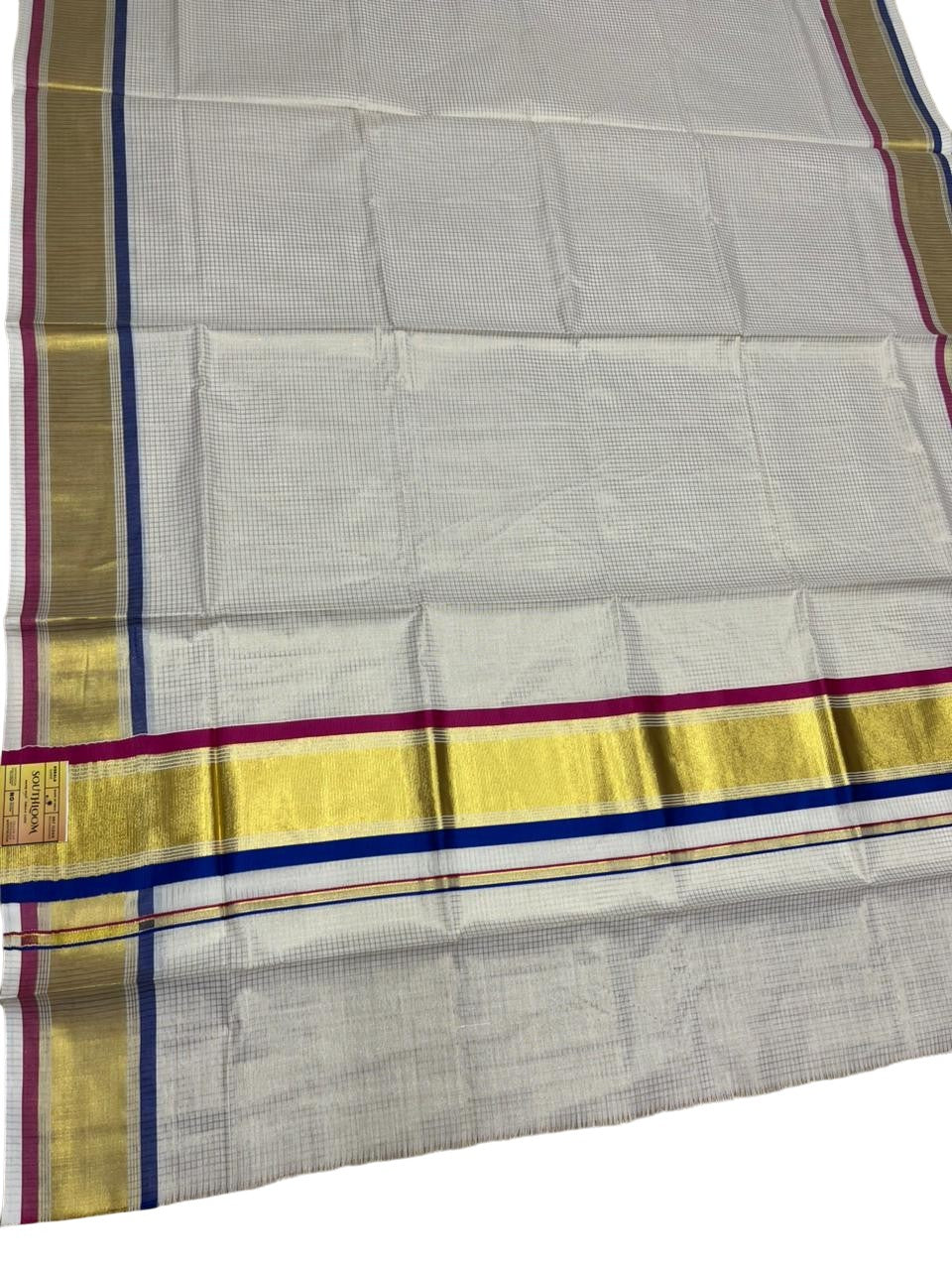 Southloom Kerala Cotton Kasavu Saree with Micro Check Design on Body in Magenta And Blue Border SL447