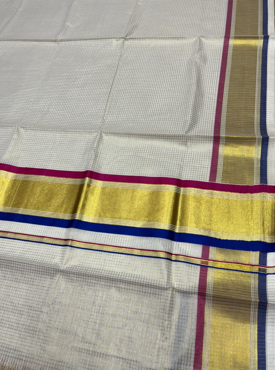 Southloom Kerala Cotton Kasavu Saree with Micro Check Design on Body in Magenta And Blue Border SL447