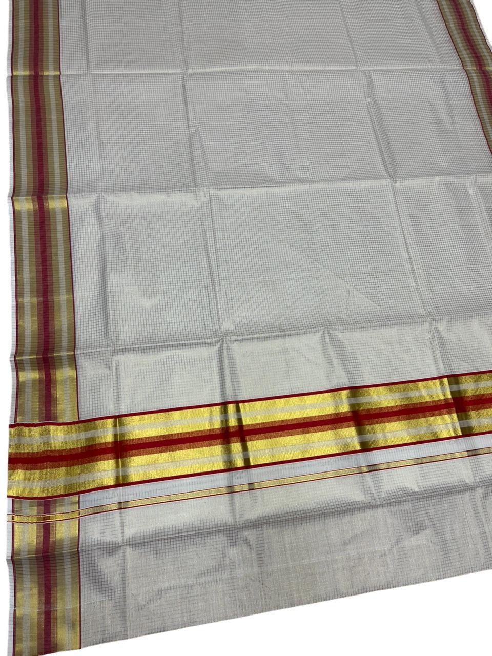 Southloom Kerala Cotton Kasavu Saree with Micro Check Design on Body in Red Border SL448
