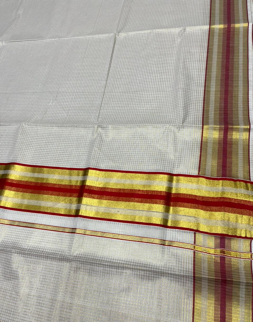 Southloom Kerala Cotton Kasavu Saree with Micro Check Design on Body in Red Border SL448