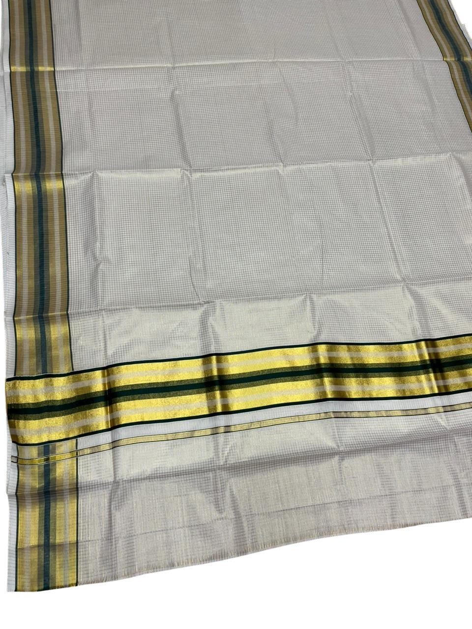 Southloom Kerala Cotton Kasavu Saree with Micro Check Design on Body in Green Border SL448