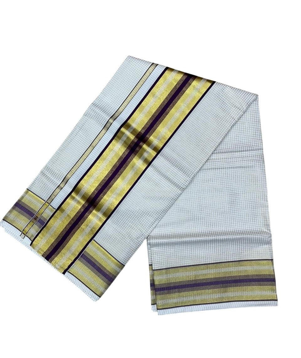 Southloom Kerala Cotton Kasavu Saree with Micro Check Design on Body in Purple Border SL448