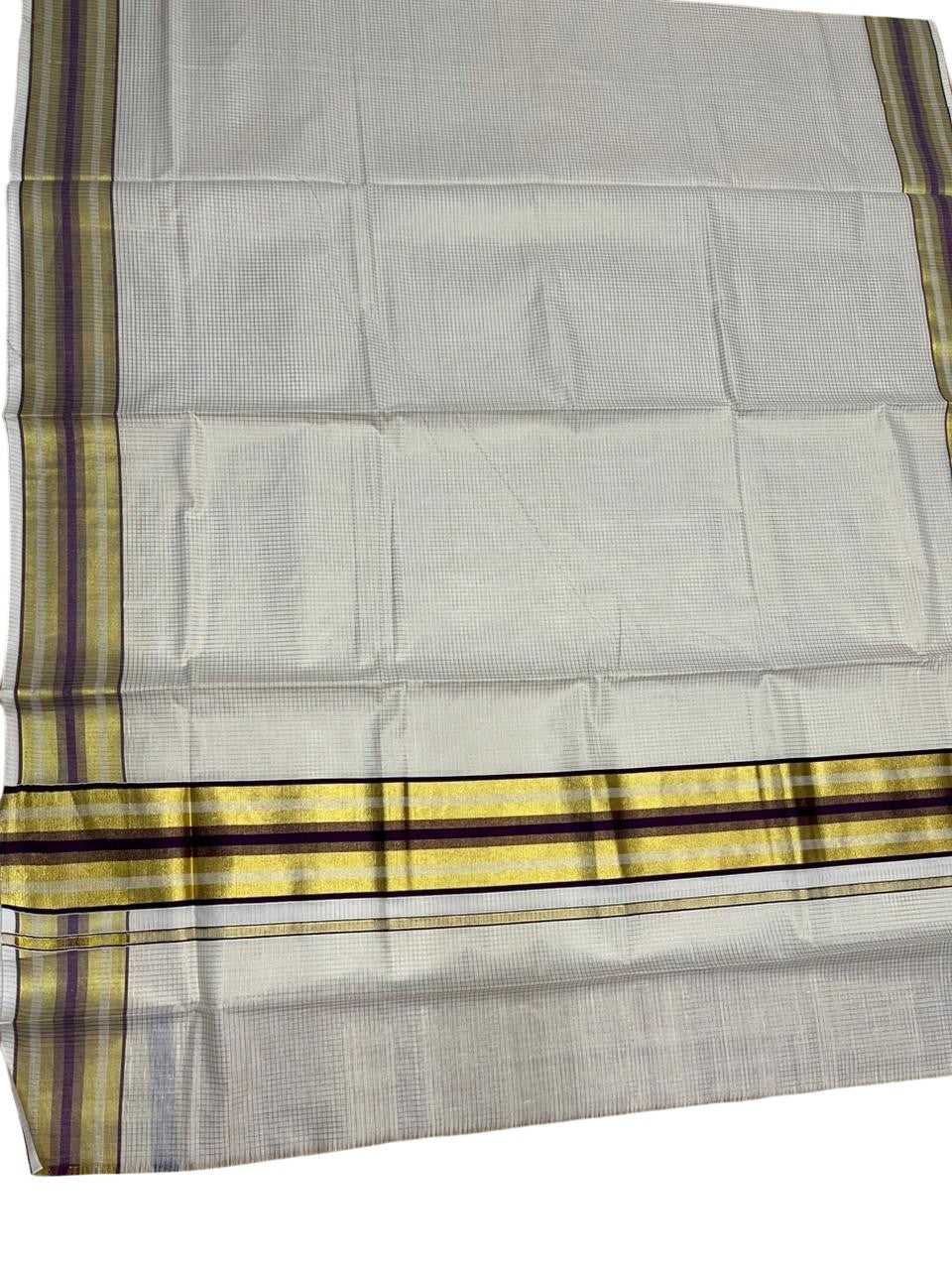 Southloom Kerala Cotton Kasavu Saree with Micro Check Design on Body in Purple Border SL448