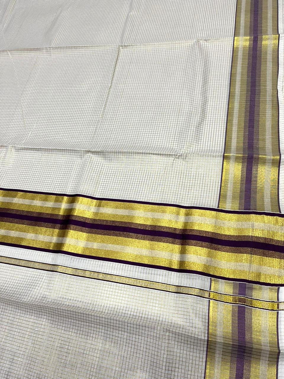 Southloom Kerala Cotton Kasavu Saree with Micro Check Design on Body in Purple Border SL448
