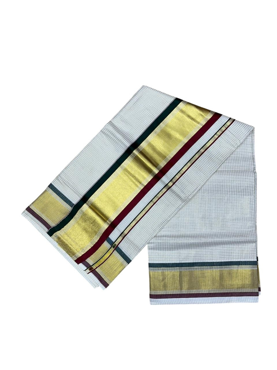 Southloom Kerala Cotton Kasavu Saree with Micro Check Design on Body in Green And Maroon Border SL447