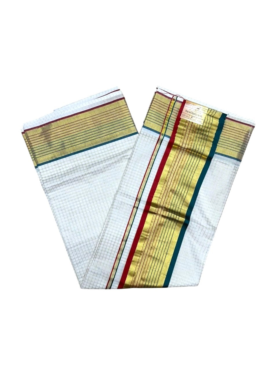 Southloom Kerala Cotton Kasavu Saree with Check Design on Body in Peacock Green And Red Border SL450