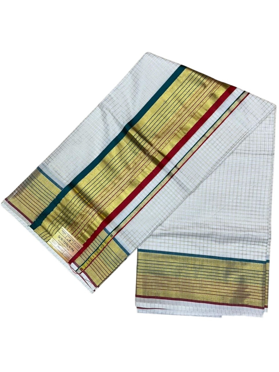 Southloom Kerala Cotton Kasavu Saree with Check Design on Body in Peacock Green And Red Border SL450