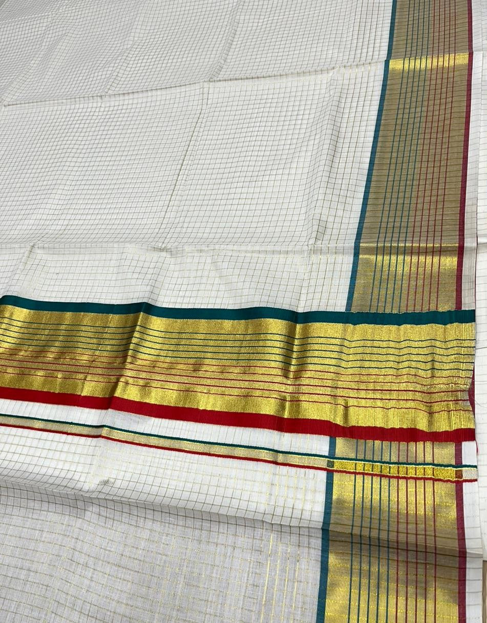 Southloom Kerala Cotton Kasavu Saree with Check Design on Body in Peacock Green And Red Border SL450