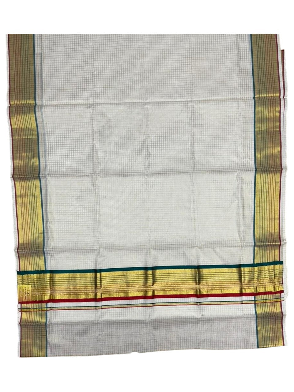Southloom Kerala Cotton Kasavu Saree with Check Design on Body in Peacock Green And Red Border SL450