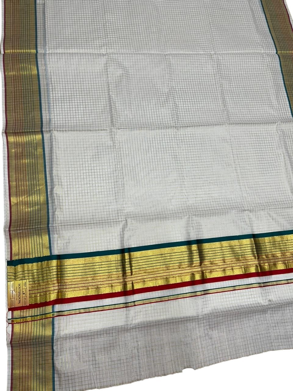 Southloom Kerala Cotton Kasavu Saree with Check Design on Body in Peacock Green And Red Border SL450