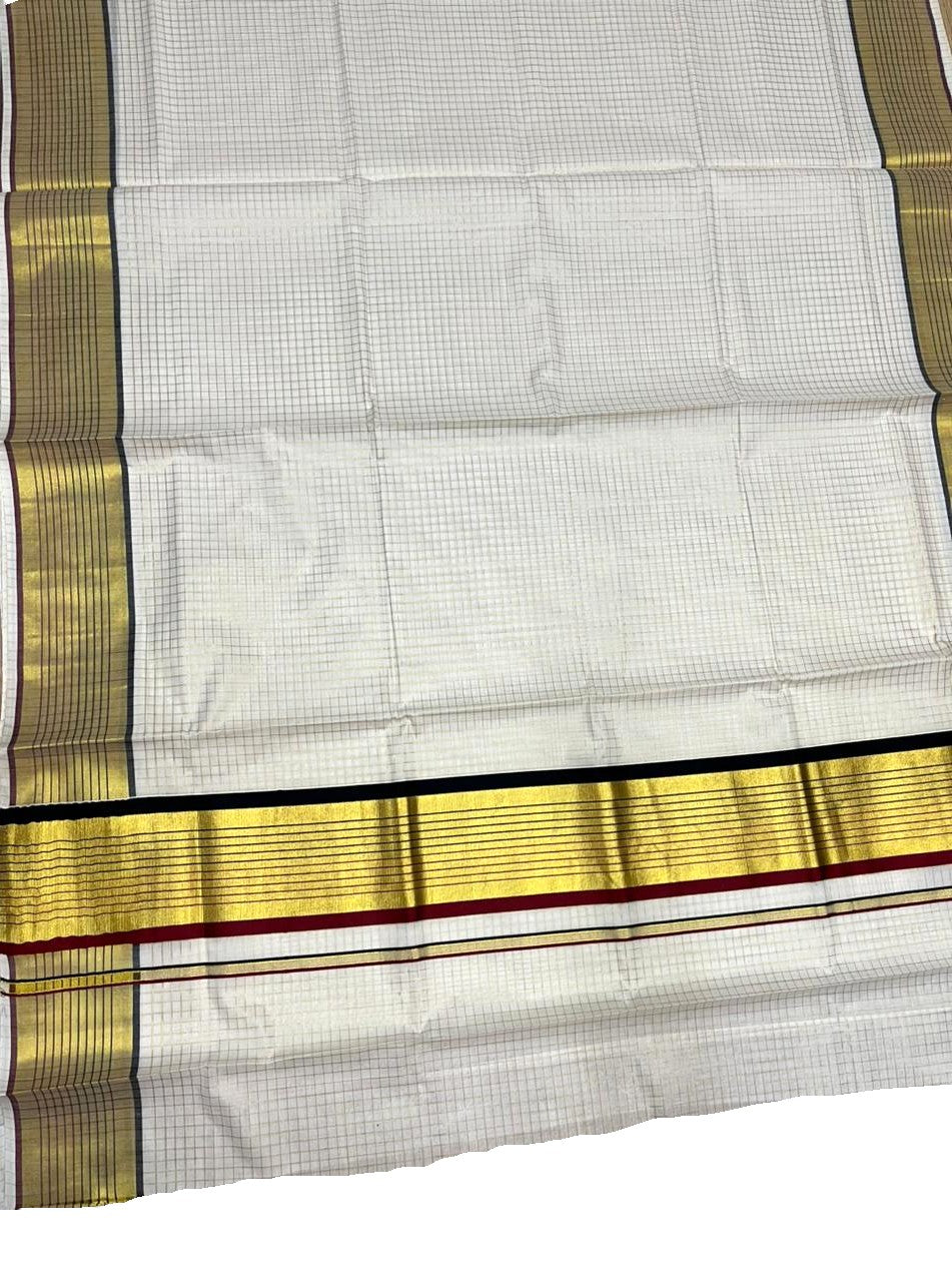Southloom Kerala Cotton Kasavu Saree with Check Design on Body in Maroon And Black Border SL450