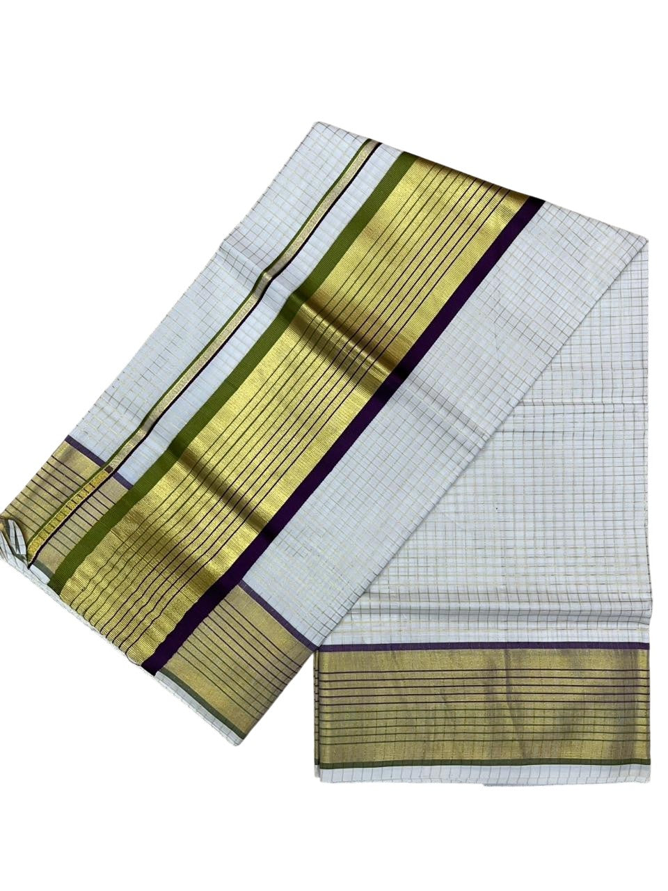 Southloom Kerala Cotton Kasavu Saree with Check Design on Body in Purple And Olive Green Border SL450