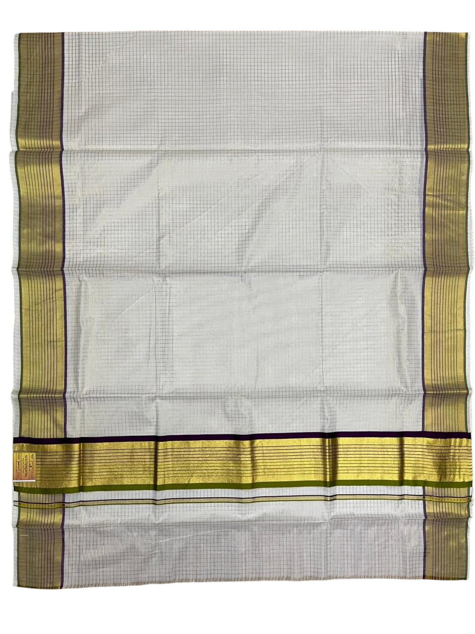 Southloom Kerala Cotton Kasavu Saree with Check Design on Body in Purple And Olive Green Border SL450