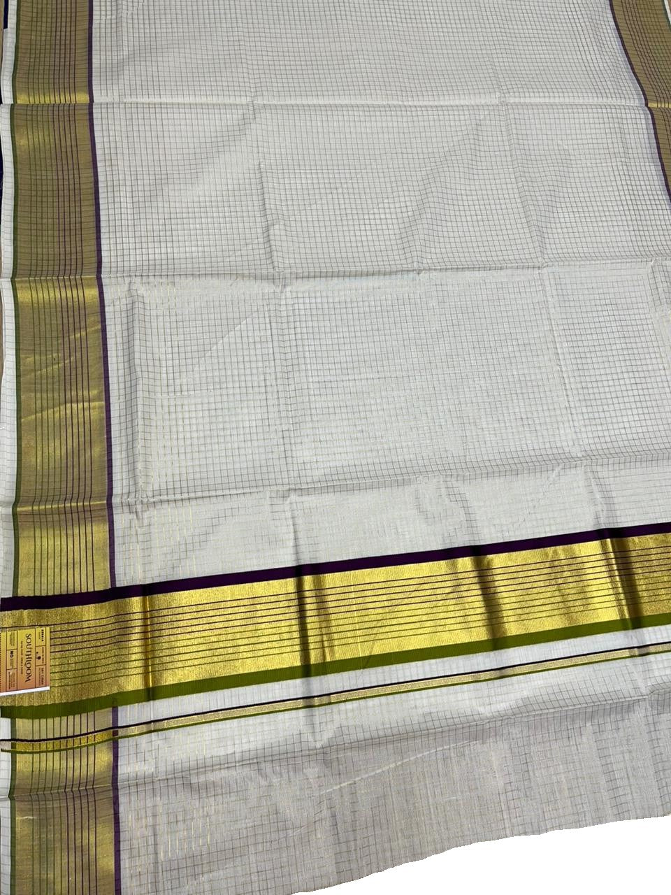 Southloom Kerala Cotton Kasavu Saree with Check Design on Body in Purple And Olive Green Border SL450