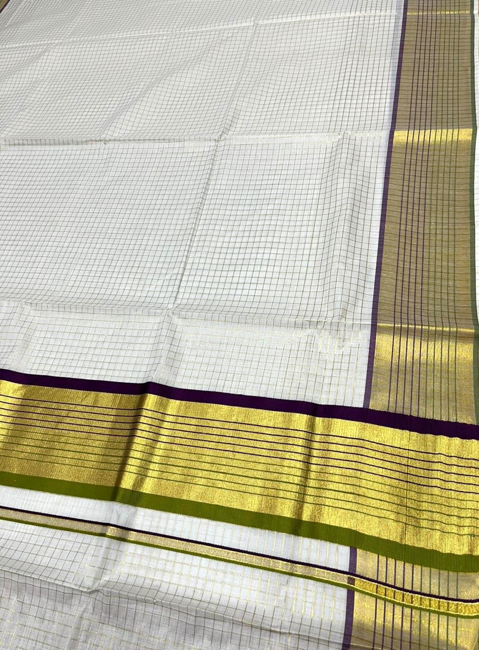 Southloom Kerala Cotton Kasavu Saree with Check Design on Body in Purple And Olive Green Border SL450