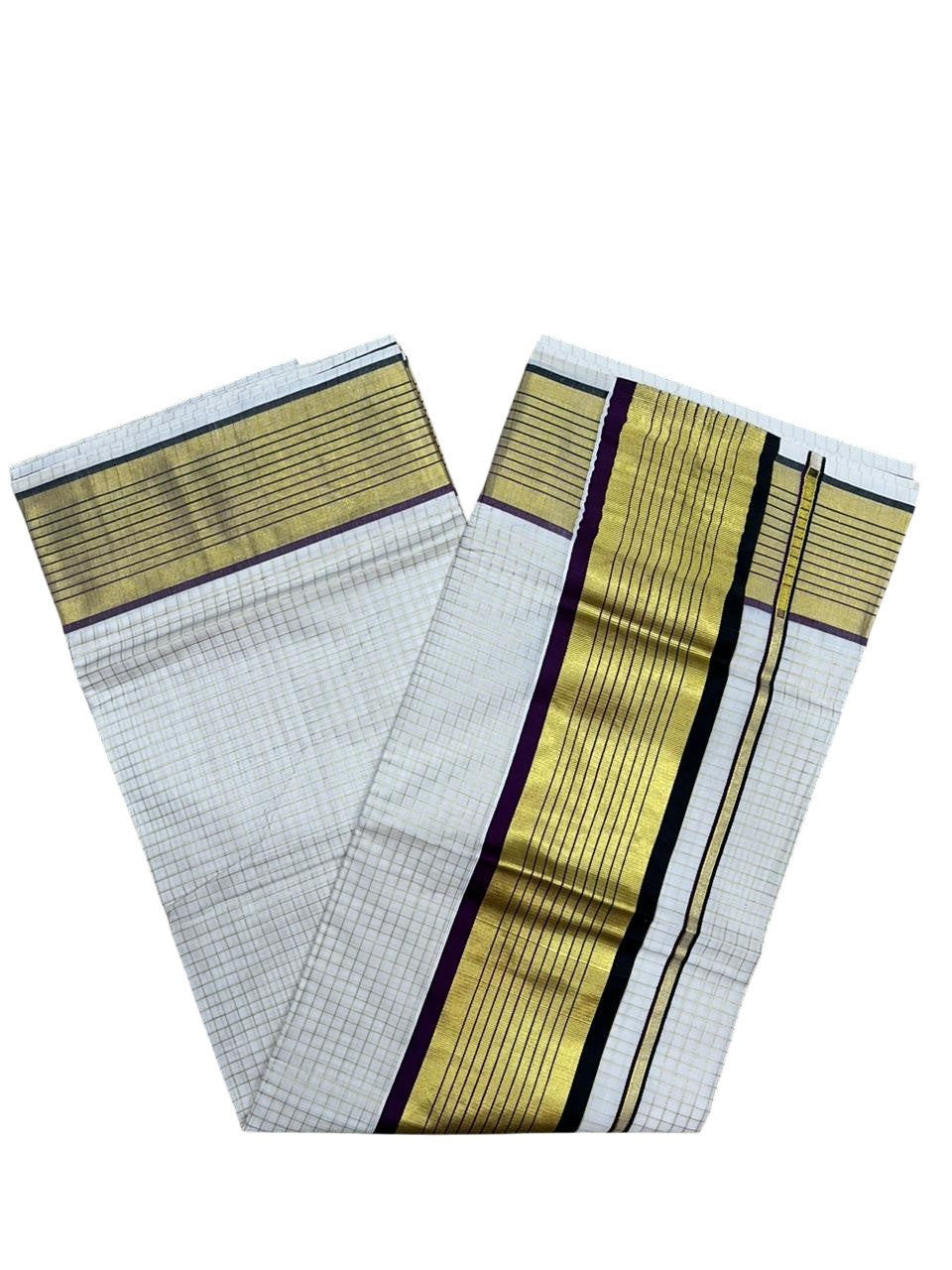 Southloom Kerala Cotton Kasavu Saree with Check Design on Body in Purple And Black Border SL450