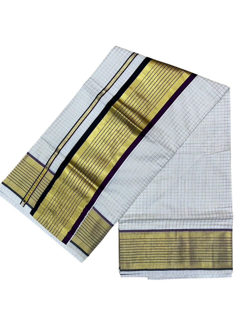 Southloom Kerala Cotton Kasavu Saree with Check Design on Body in Purple And Black Border SL450