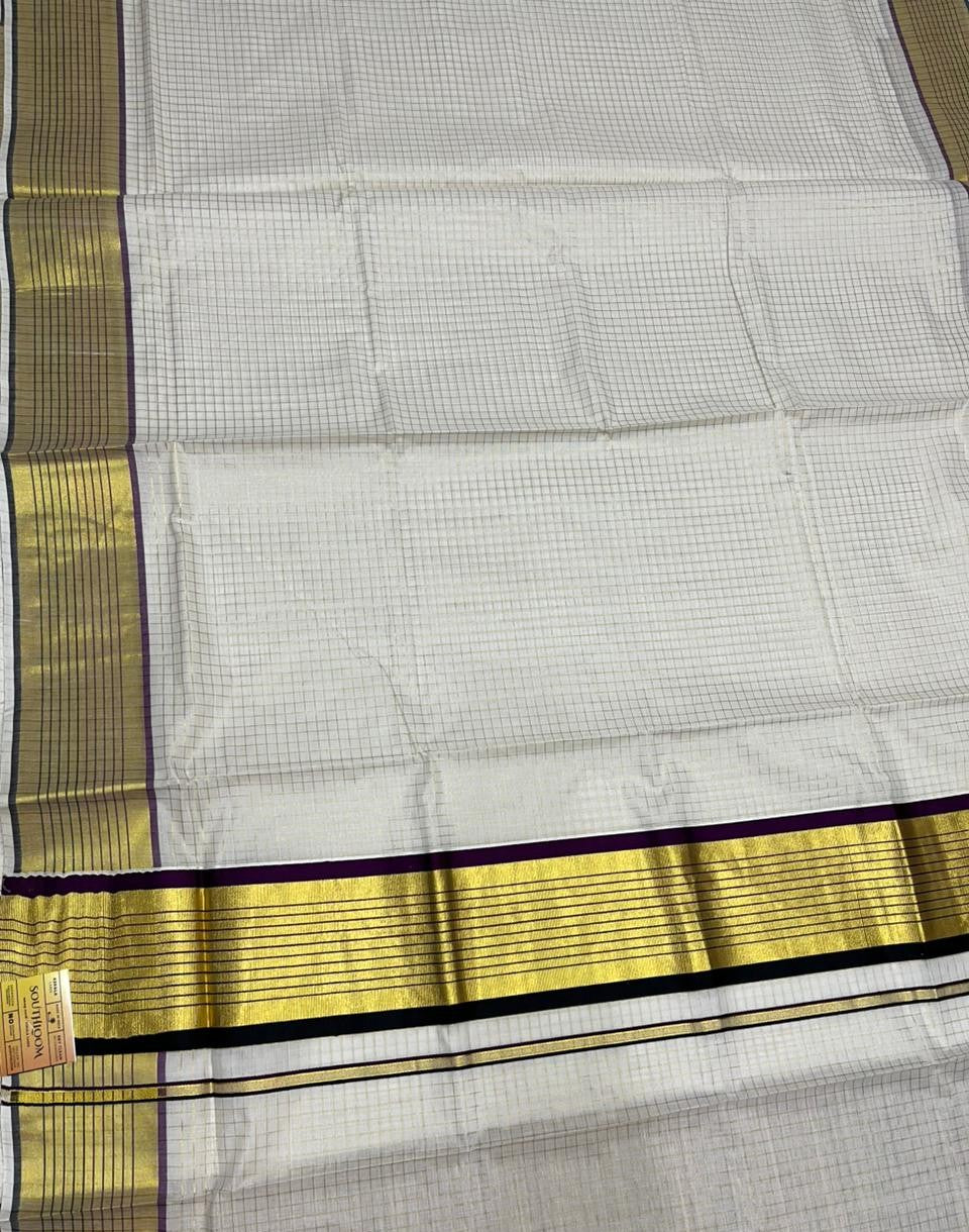 Southloom Kerala Cotton Kasavu Saree with Check Design on Body in Purple And Black Border SL450