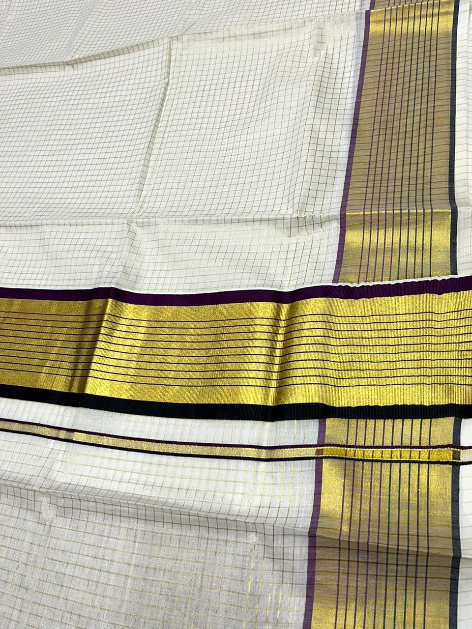 Southloom Kerala Cotton Kasavu Saree with Check Design on Body in Purple And Black Border SL450