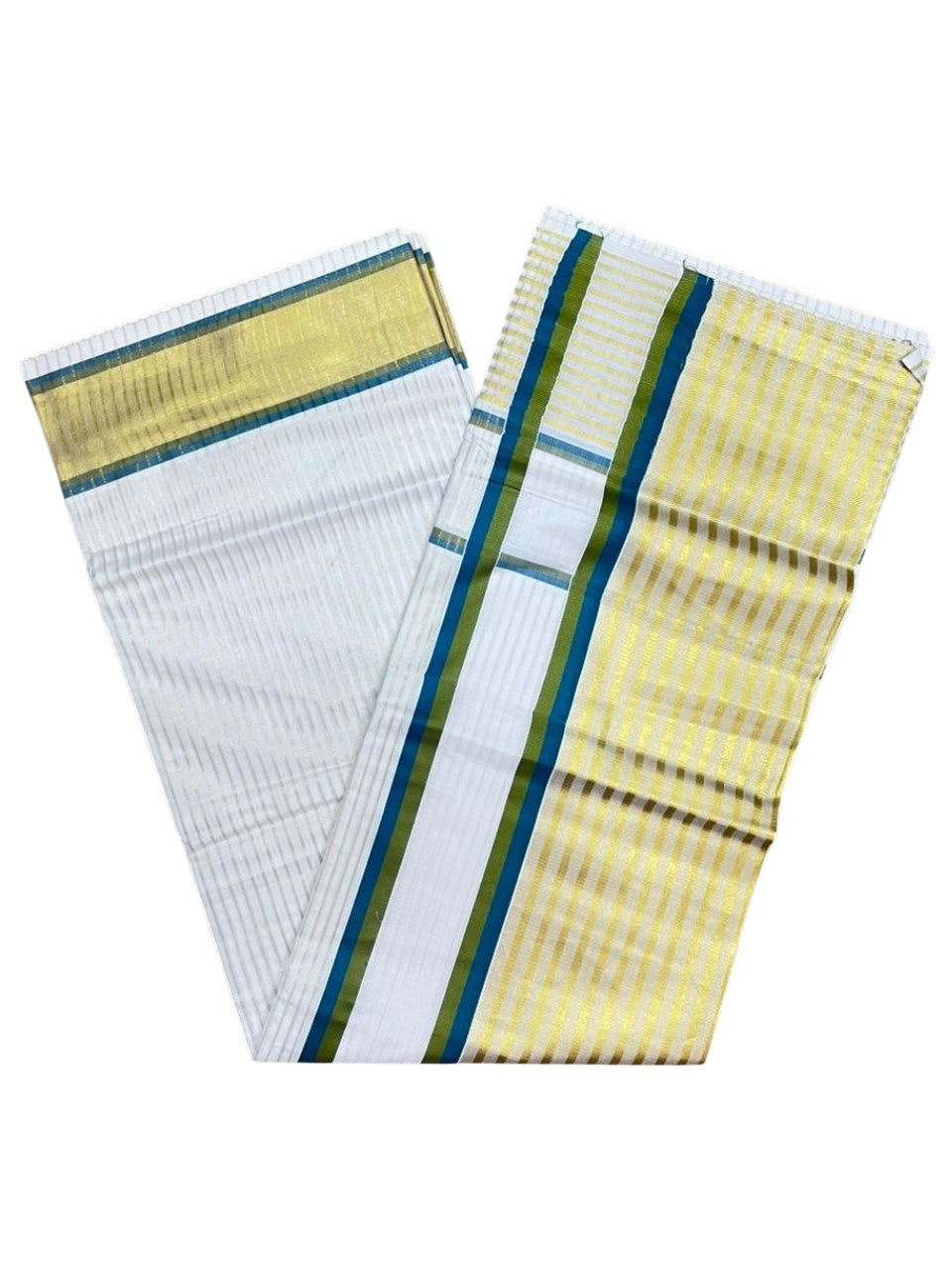Southloom Kerala Cotton Kasavu Saree with Stripes on Body and Border in Peacock Blue And Olive Green Border SL457