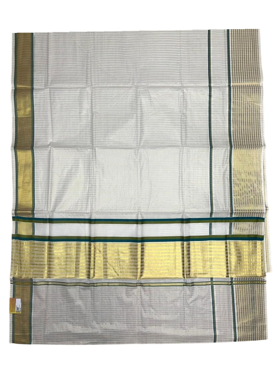 Southloom Kerala Cotton Kasavu Saree with Stripes on Body and Border in Peacock Blue And Olive Green Border SL457