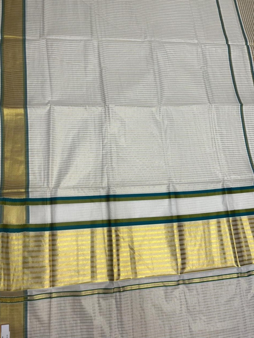 Southloom Kerala Cotton Kasavu Saree with Stripes on Body and Border in Peacock Blue And Olive Green Border SL457
