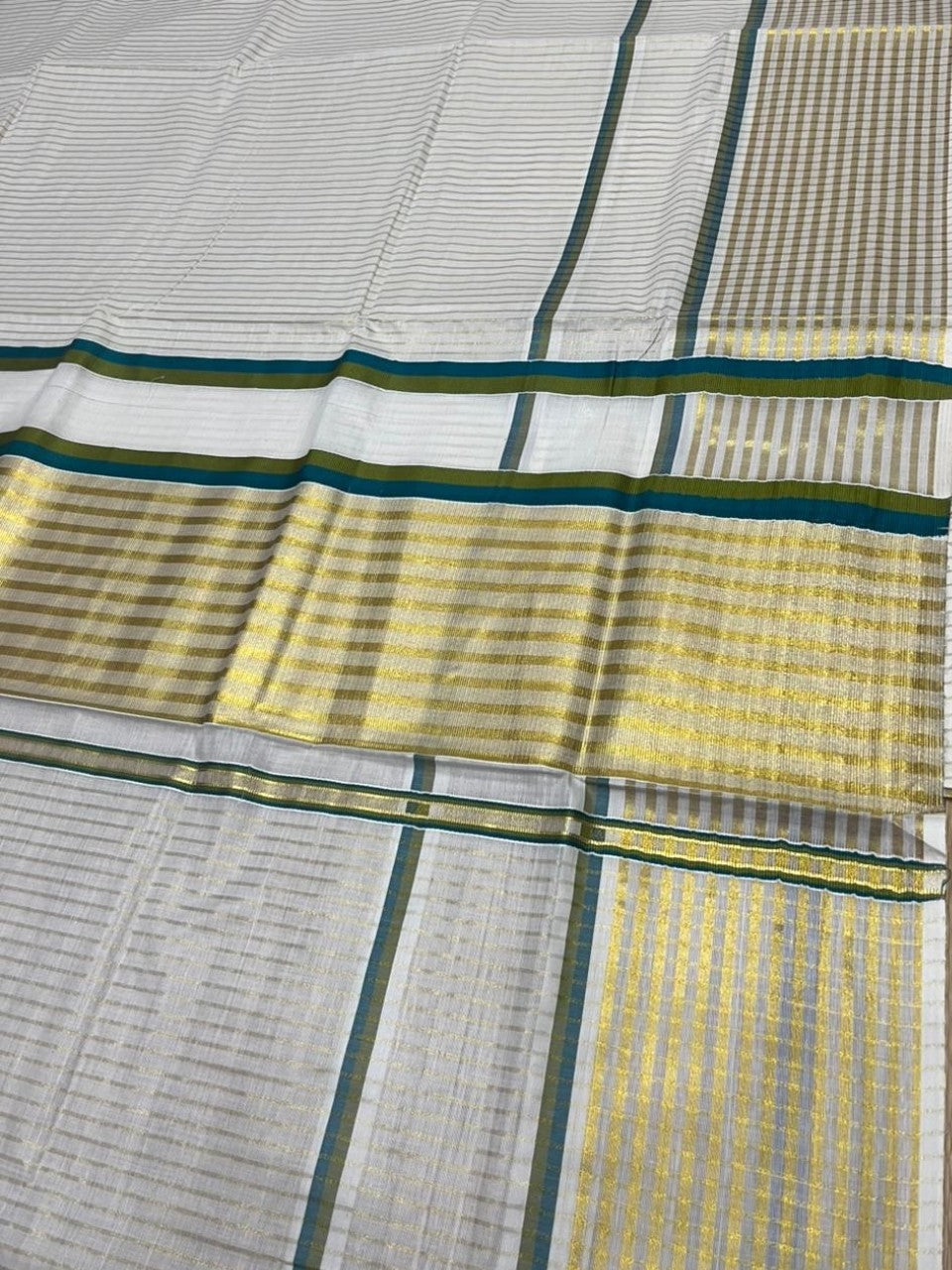 Southloom Kerala Cotton Kasavu Saree with Stripes on Body and Border in Peacock Blue And Olive Green Border SL457