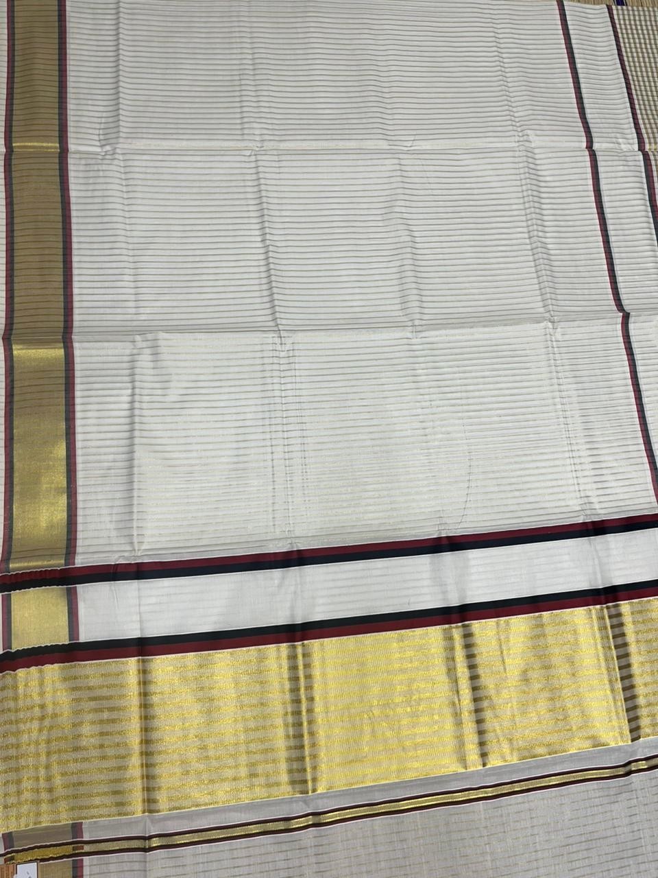 Southloom Kerala Cotton Kasavu Saree with Stripes on Body and Border in Black And Maroon Border SL457