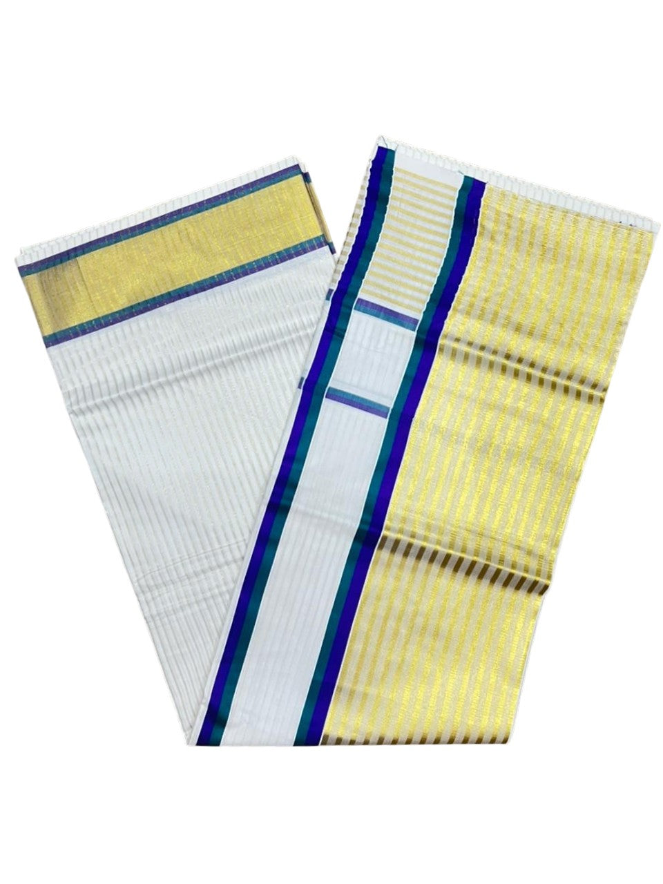 Southloom Kerala Cotton Kasavu Saree with Stripes on Body and Border in Peacock Green And Violet Border SL457