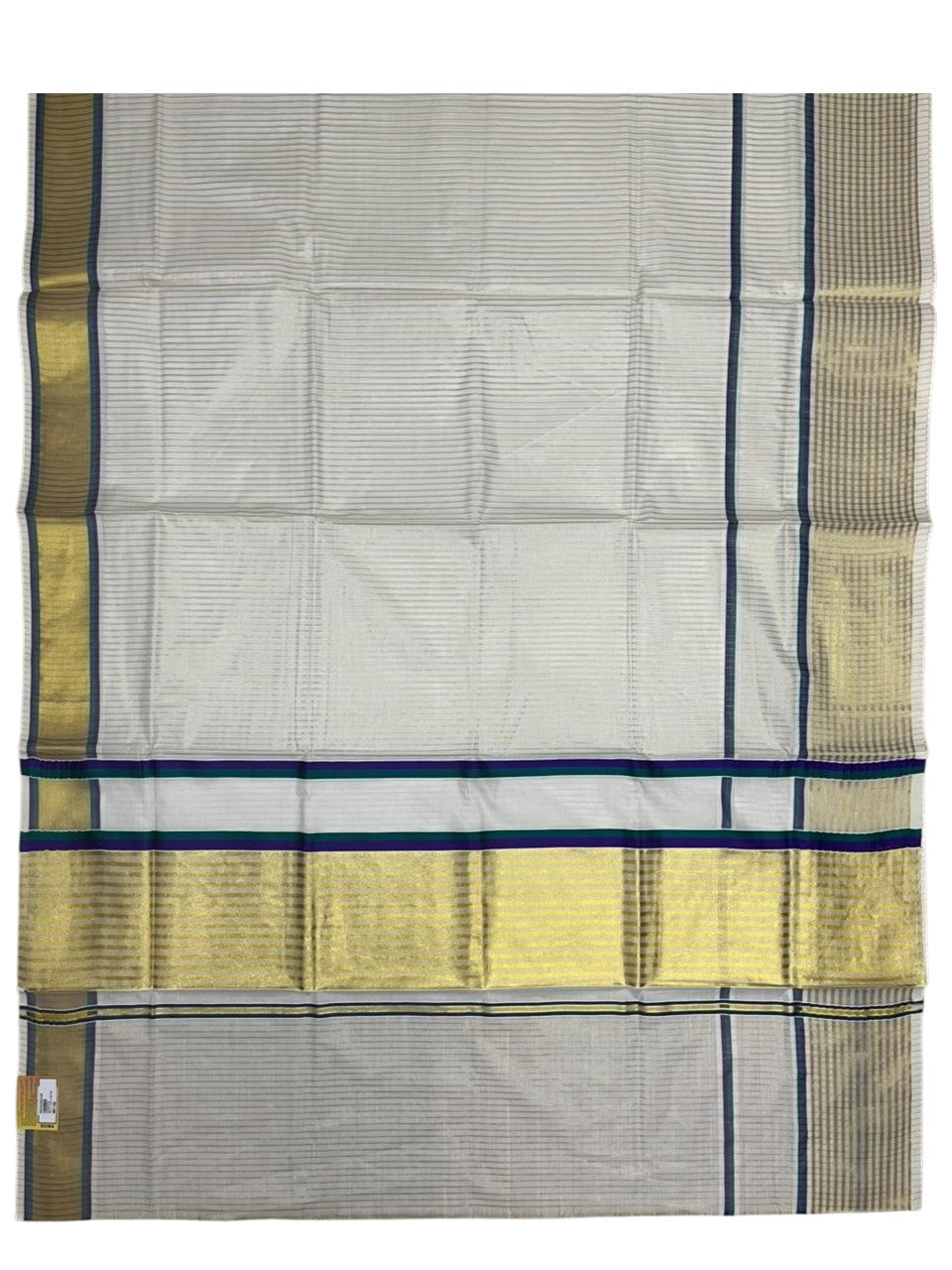Southloom Kerala Cotton Kasavu Saree with Stripes on Body and Border in Peacock Green And Violet Border SL457