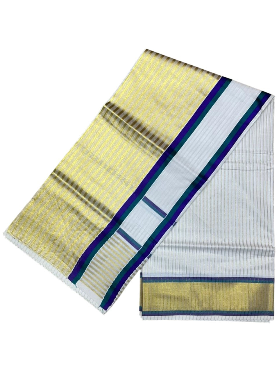 Southloom Kerala Cotton Kasavu Saree with Stripes on Body and Border in Peacock Green And Violet Border SL457