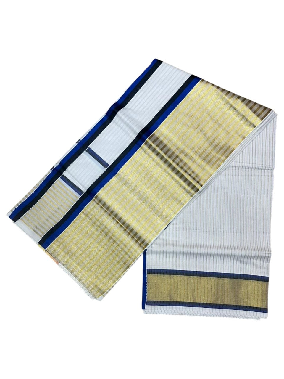 Southloom Kerala Cotton Kasavu Saree with Stripes on Body and Border in Blue And Black Border SL457
