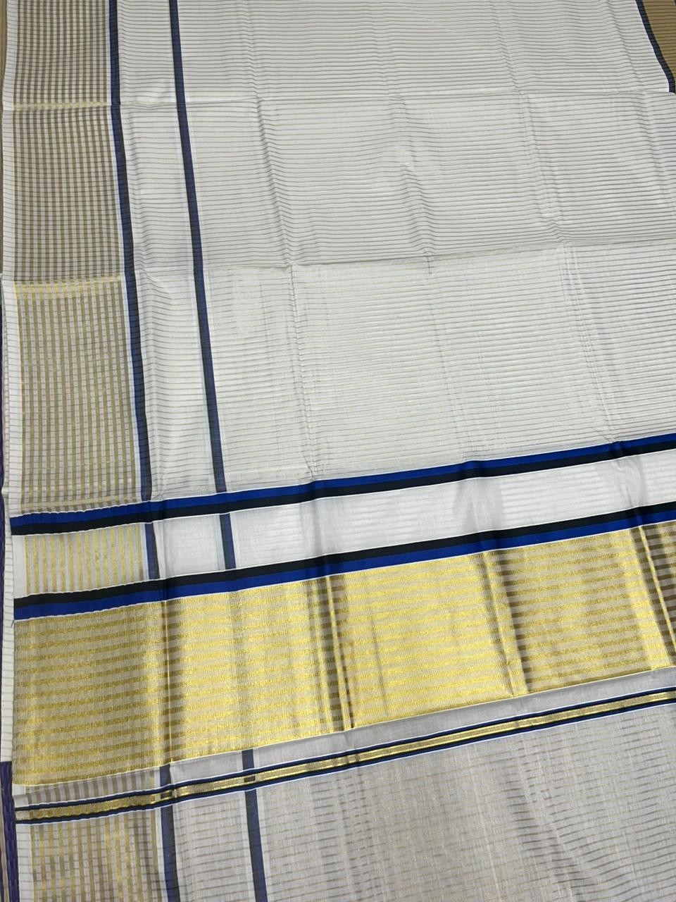 Southloom Kerala Cotton Kasavu Saree with Stripes on Body and Border in Blue And Black Border SL457
