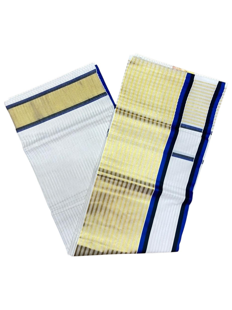 Southloom Kerala Cotton Kasavu Saree with Stripes on Body and Border in Blue And Black Border SL457