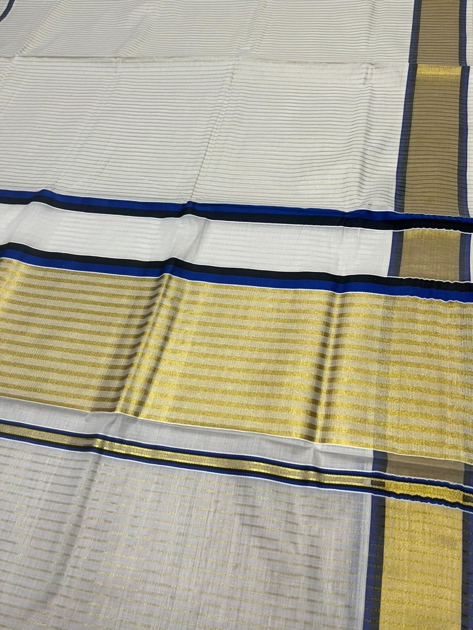 Southloom Kerala Cotton Kasavu Saree with Stripes on Body and Border in Blue And Black Border SL457