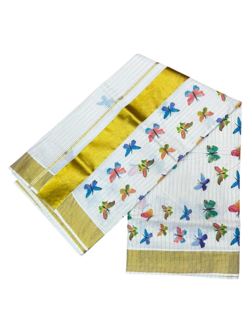 Southloom Kerala Cotton Kasavu Saree with Stripes With Multicolour Butterfly Digital Prints on Body and Borders SL462