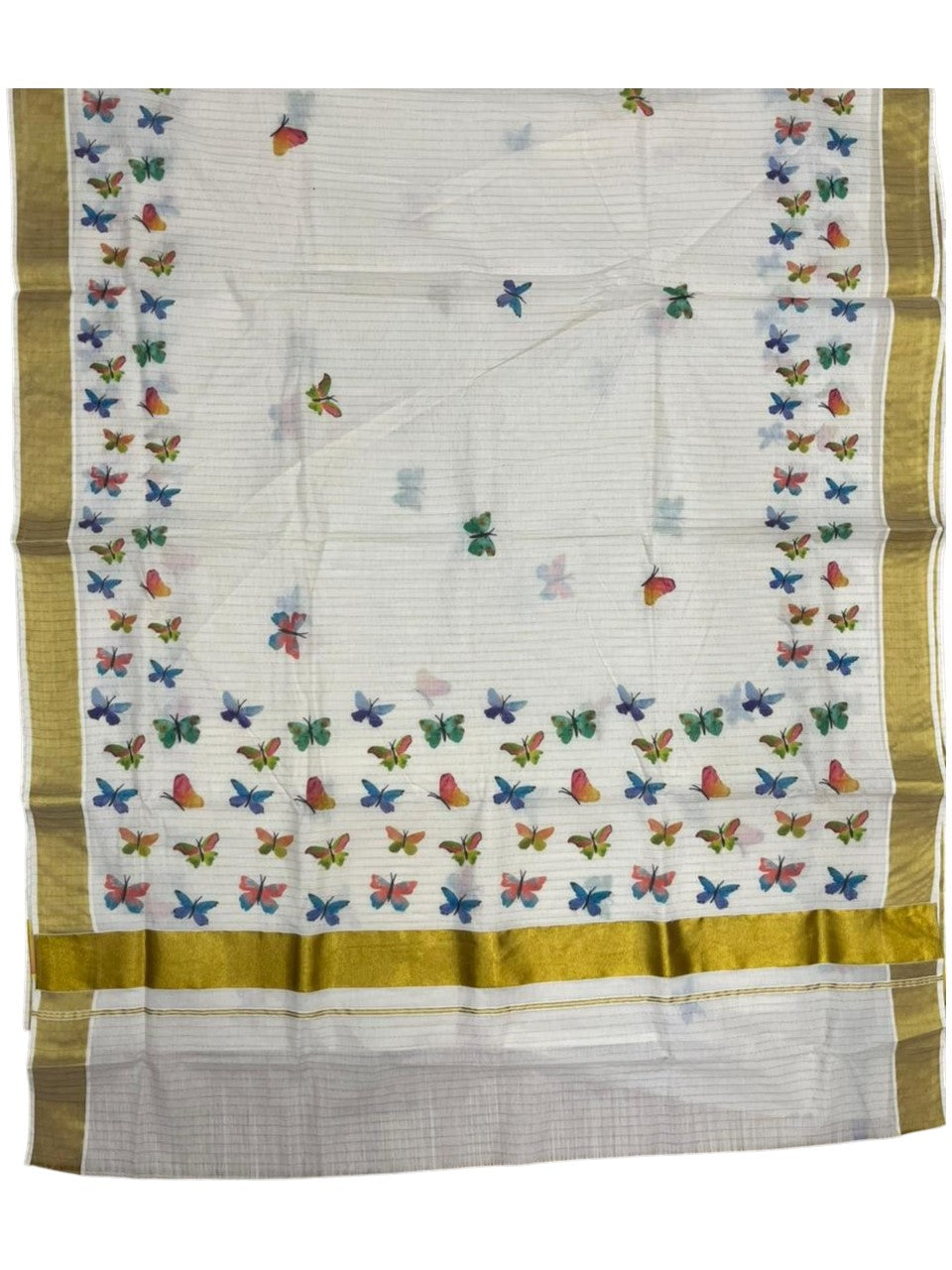 Southloom Kerala Cotton Kasavu Saree with Stripes With Multicolour Butterfly Digital Prints on Body and Borders SL462