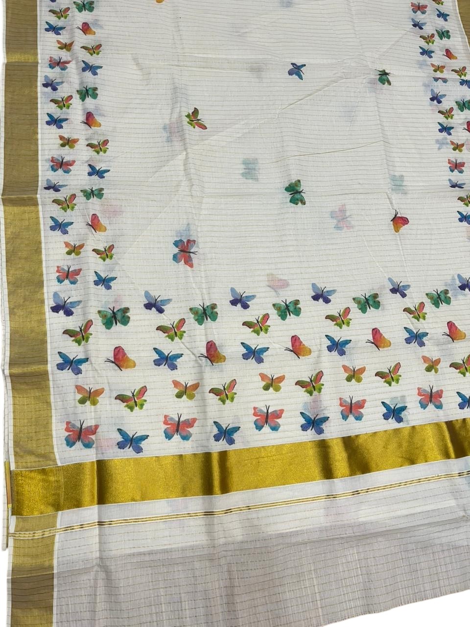 Southloom Kerala Cotton Kasavu Saree with Stripes With Multicolour Butterfly Digital Prints on Body and Borders SL462