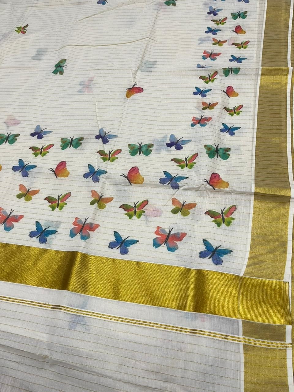 Southloom Kerala Cotton Kasavu Saree with Stripes With Multicolour Butterfly Digital Prints on Body and Borders SL462